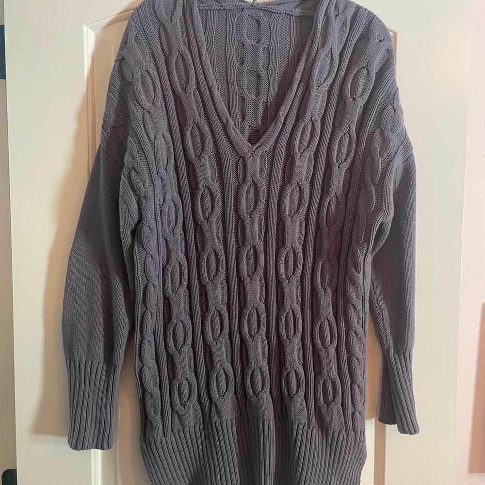 Oversized, V-Neck, Pullover, Casual Knit Gray Sweater-Size XL